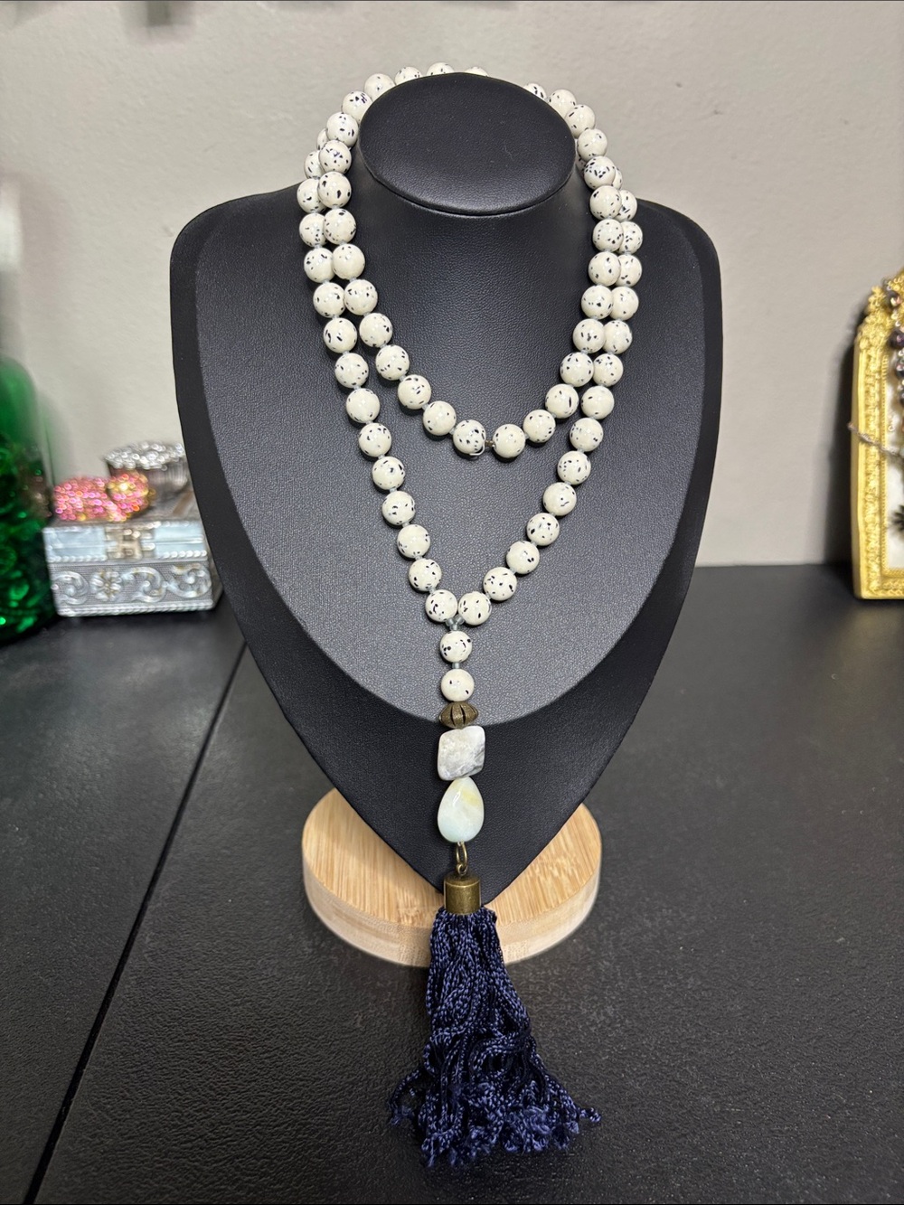 Boho Beaded Tassel Pendant Popover Stone Necklace - White Speckled Beads Western